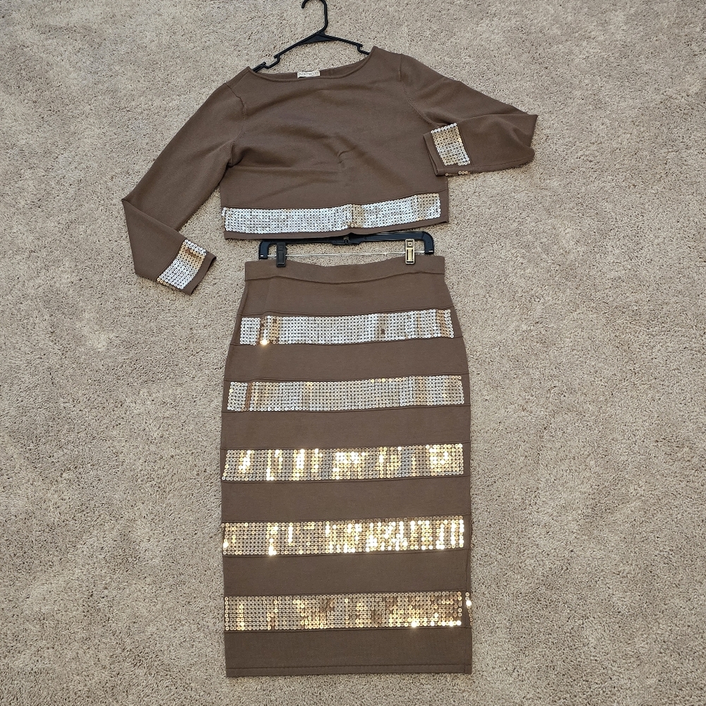 Eva Mendez Brown Two-Piece Set with Rose Gold Sequin, Women's Size Large